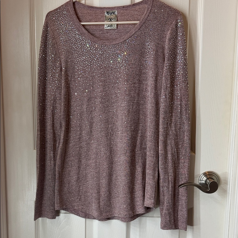 Vocal Mauve Pink Sequin-Accent Long Sleeve Top